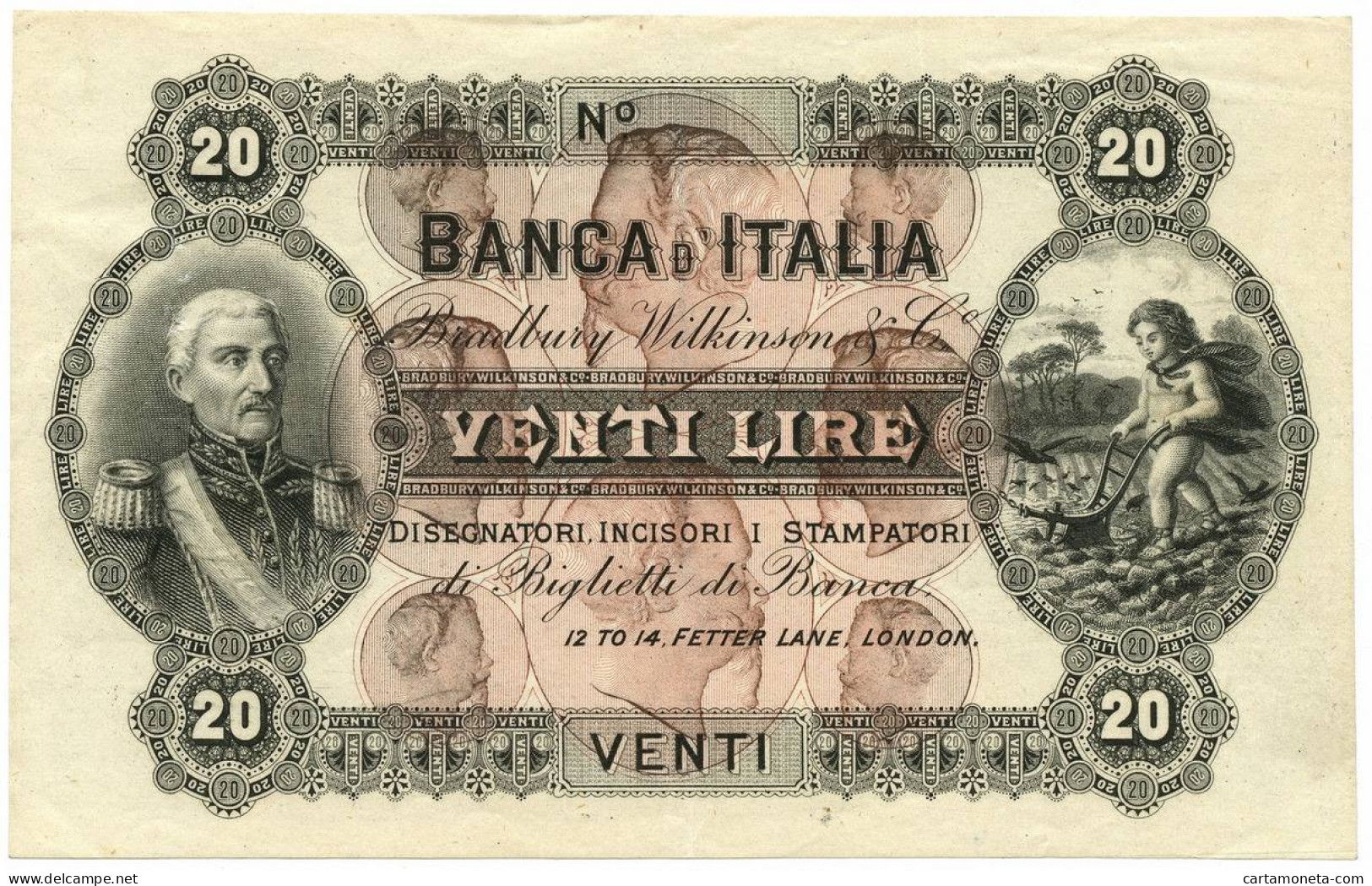 20 LIRE SPECIMEN BANCA D'ITALIA CAMPIONE BRADBURY W.LONDRA CIRCA 1895 QSPL - [ 8] Fictifs & Specimens