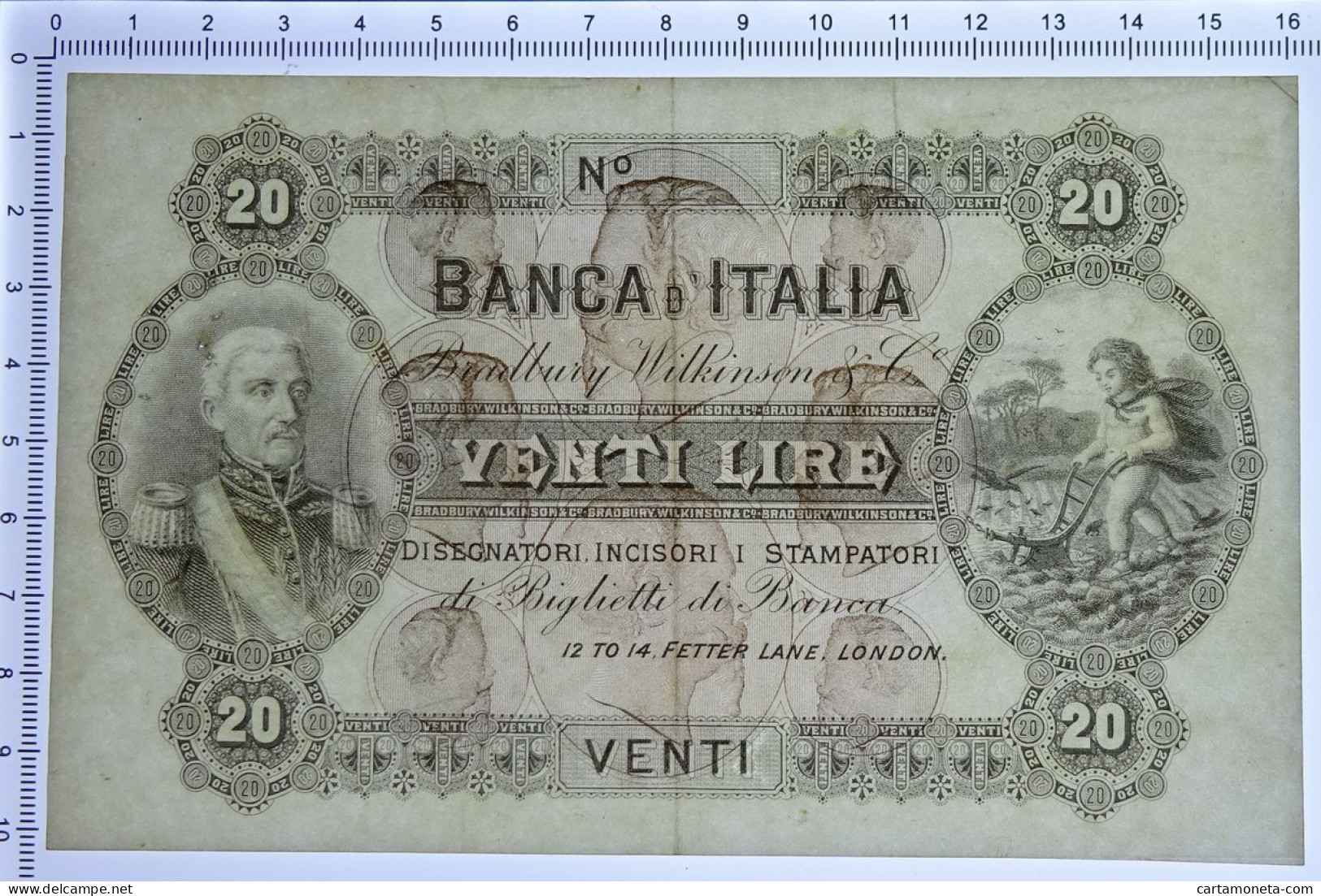 20 LIRE SPECIMEN BANCA D'ITALIA CAMPIONE BRADBURY W.LONDRA CIRCA 1895 QSPL - [ 8] Fictifs & Specimens