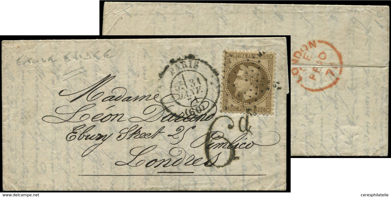 Let LETTRES DE PARIS - N°30 30c. Brun Obl. ETOILE EVIDEE S. LAC, Càd 31/1/71, Taxe 6d Et Arr. LONDON, Superbe - 1849-1876: Klassik