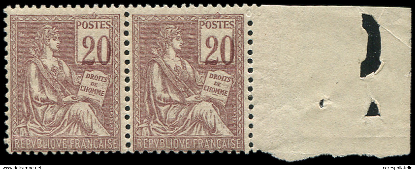 ** VARIETES - 113a  Mouchon, 20c. Brun-lilas, PAIRE Bdf, Chiffres DEPLACES Vers Le Bas, TB - Used Stamps