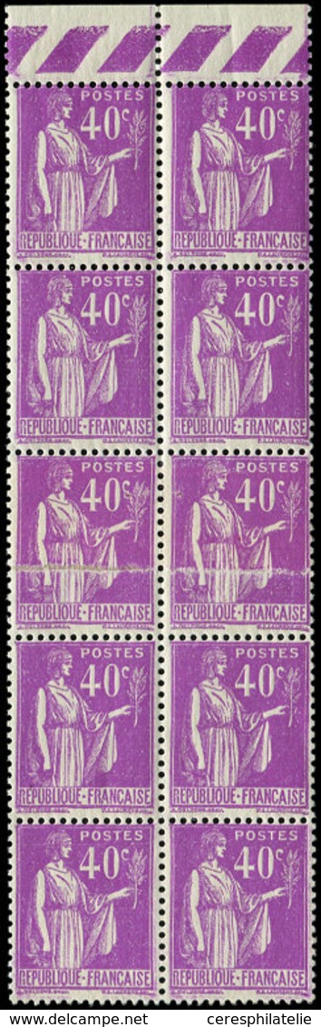 ** VARIETES - 281   Paix, 40c. Lilas, BLOC De 10 Bdf Dont 2 Impression S. RACCORD, TB, Cote Maury - Used Stamps