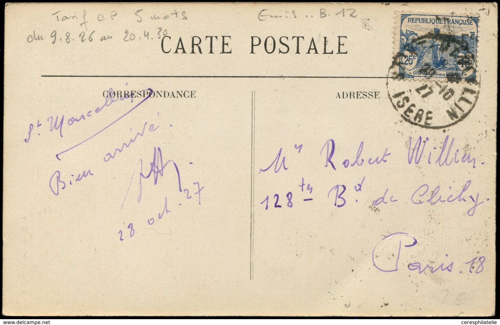 Let LETTRES DU XXe SIECLE - N°165 28/10/27 St Marcelin, CP Ill. 5 Mots Quelconques, TB - Cartas & Documentos