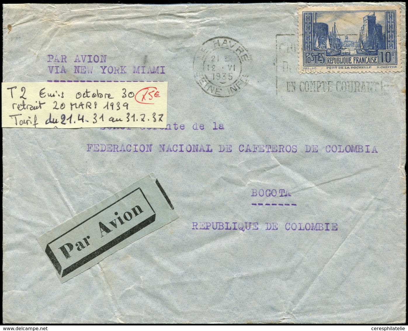 Let LETTRES DU XXe SIECLE - N°261 12/6/35, Env. Par Avion/COLOMBIE, Lettre Ordinaire, TB - Covers & Documents