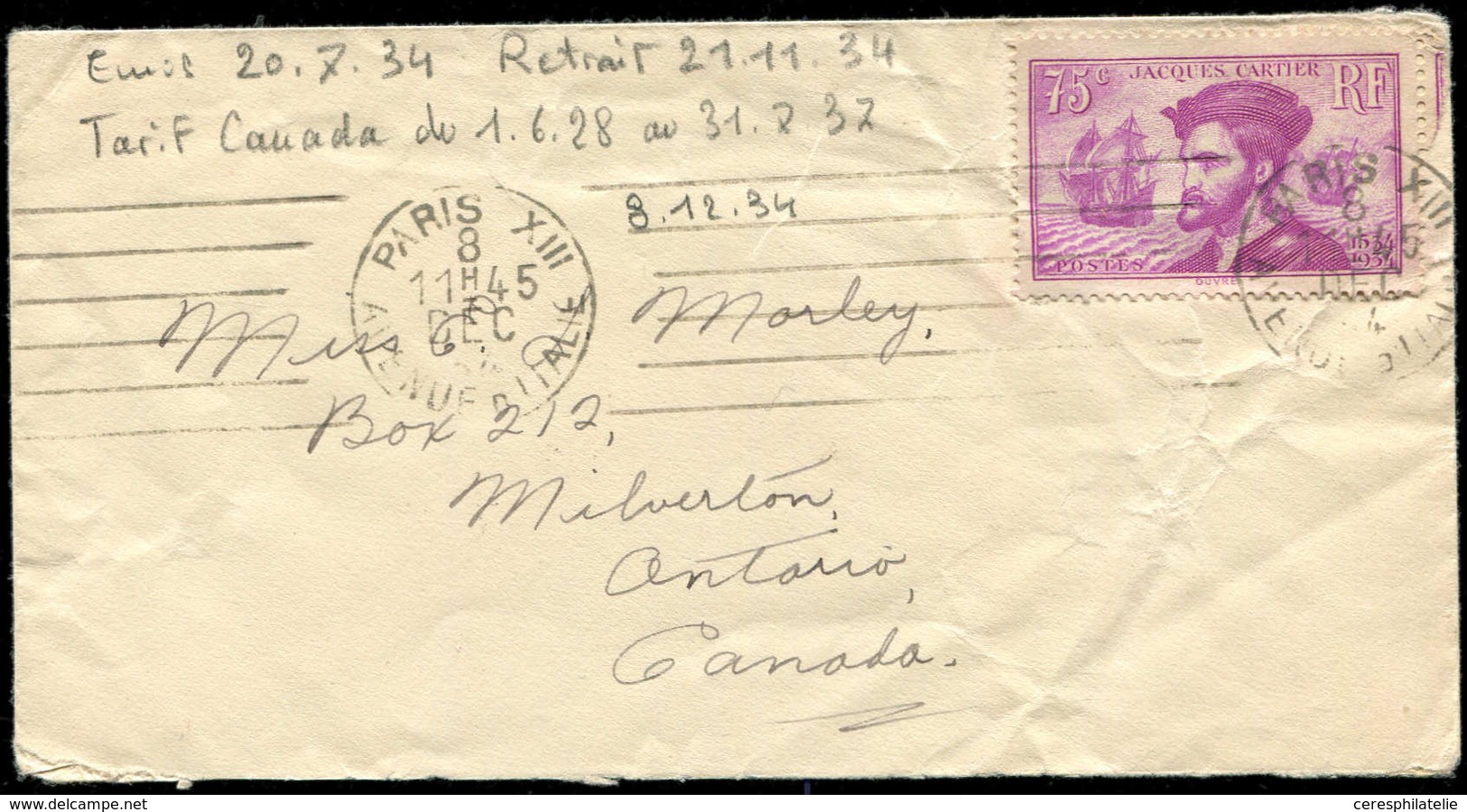 Let LETTRES DU XXe SIECLE - N°296 8/12/34, Env. P. Le CANADA, TB - Covers & Documents