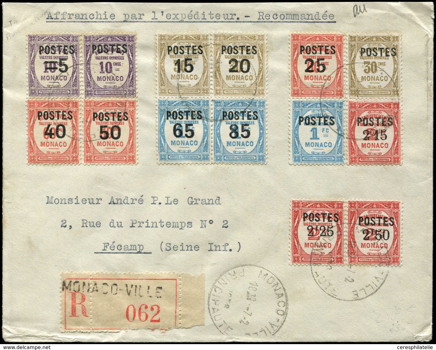 Let MONACO 140/53 : Série Surchargée, Obl. Càd MONACO VILLE 7/2/1938 S. Env. Rec. Pour Fécamp, TB - ...-1885 Prephilately