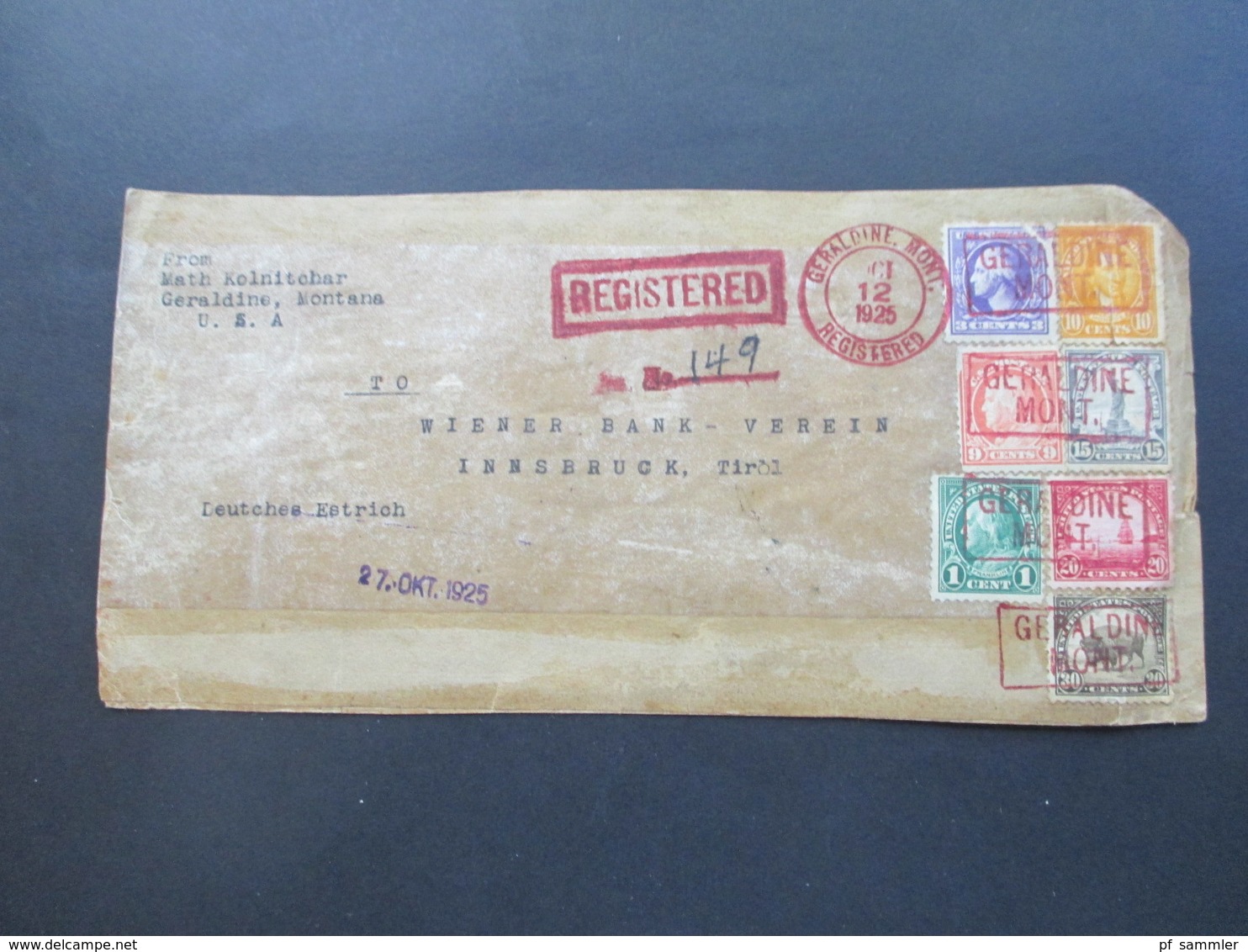 USA 1925 Vorderseite / Gr. Briefstück Rote Stempel Registered Und Kastenstempel Geraldine Mont. Nach Österreich - Briefe U. Dokumente