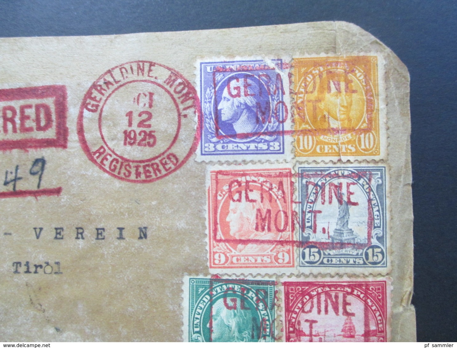 USA 1925 Vorderseite / Gr. Briefstück Rote Stempel Registered Und Kastenstempel Geraldine Mont. Nach Österreich - Briefe U. Dokumente