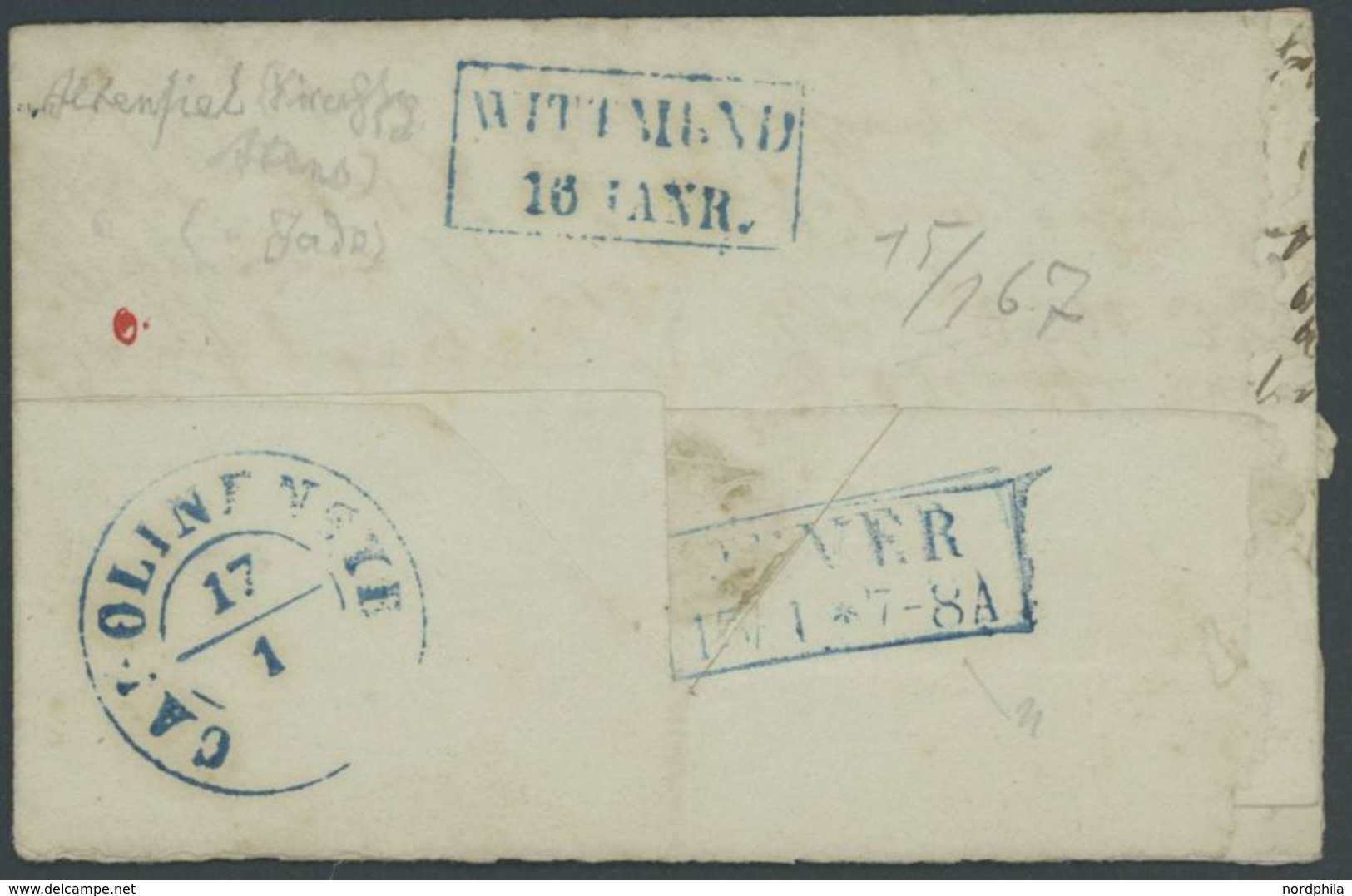 1862, 1 Gr. Karmin Mit Blauem K2 HOHENKIRCHEN Auf Kleinem Defekten Brief Mit U.a. Ankunftsstempel CAROLINENSYHL -> Autom - Oldenburg