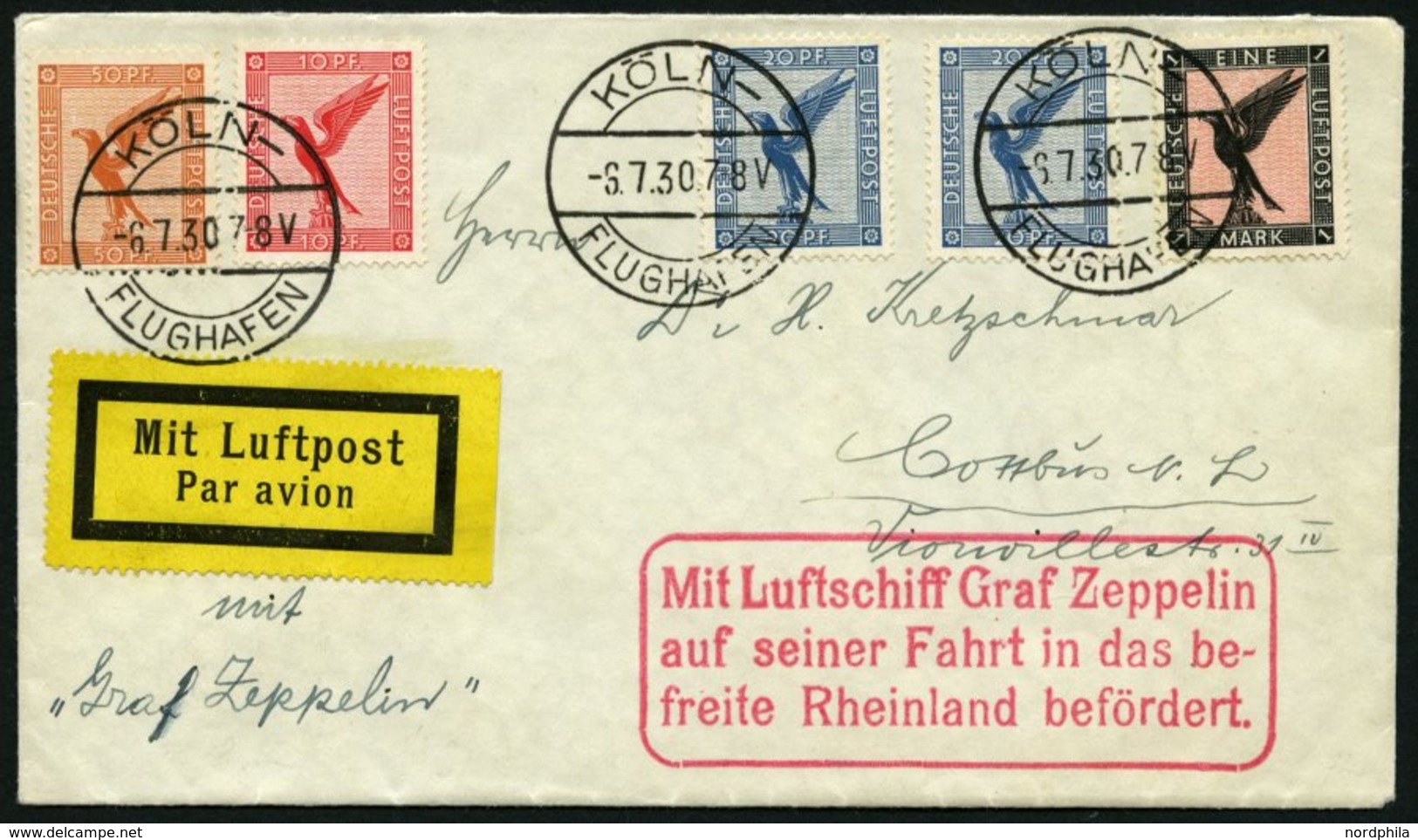 ZEPPELINPOST 72i BRIEF, 1930, Fahrt In Das Befreite Rheinland, Abwurf Koblenz, Tagesstempel Köln, Prachtbrief - Luft- Und Zeppelinpost