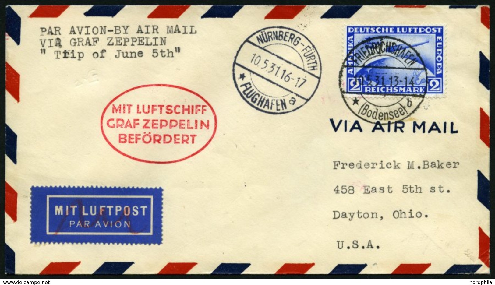 ZEPPELINPOST 107Ba BRIEF, 1931, Fahrt Nach Nürnberg, Auflieferung Fr`hafen, Frankiert Mit 2 RM Südamerikafahrt, Prachtbr - Luft- Und Zeppelinpost