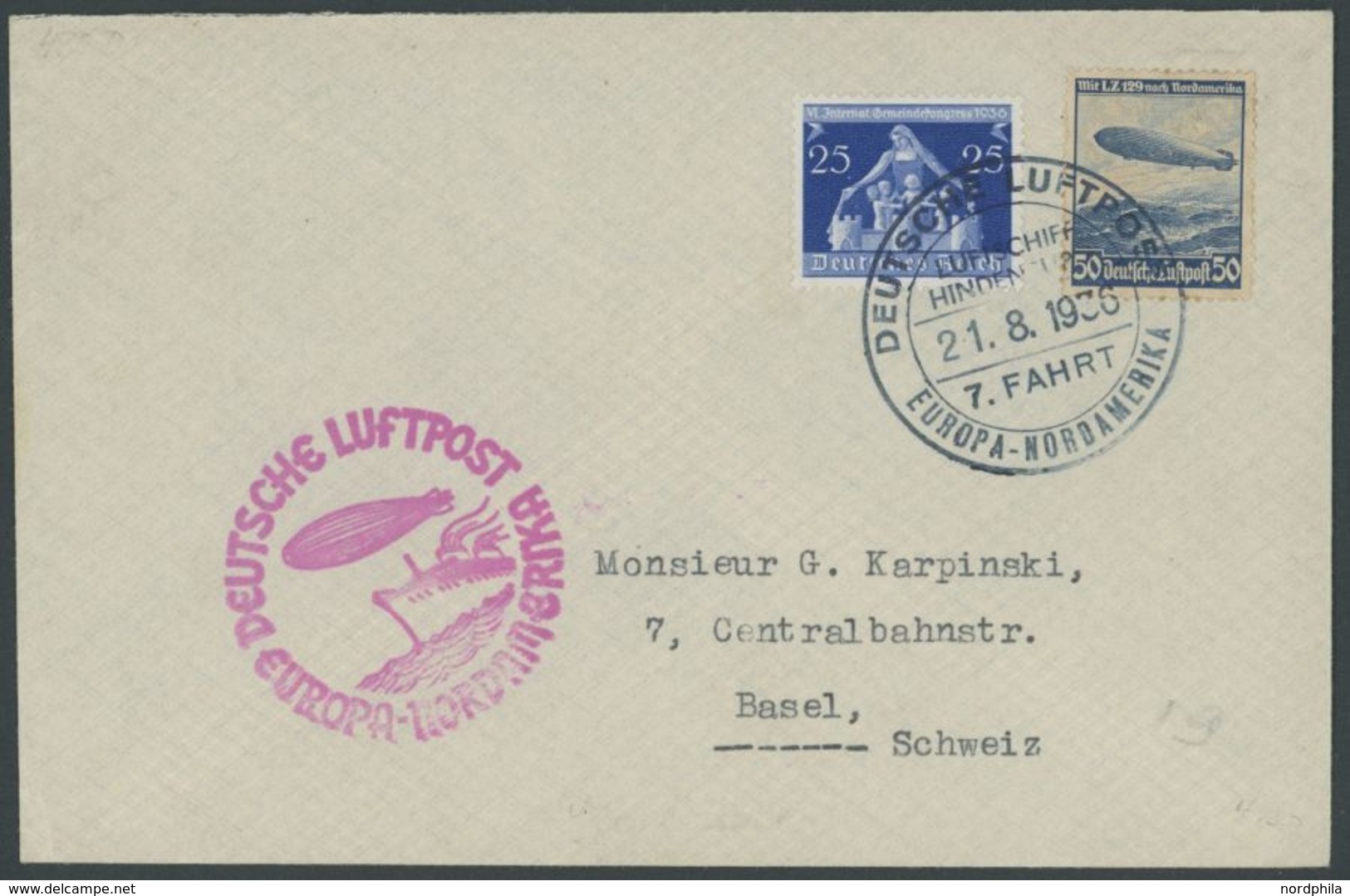 1936, 7. Nordamerikafahrt, Bordpost Von Der Rückfahrt Nach Basel, Prachtbrief -> Automatically Generated Translation: 19 - Poste Aérienne & Zeppelin