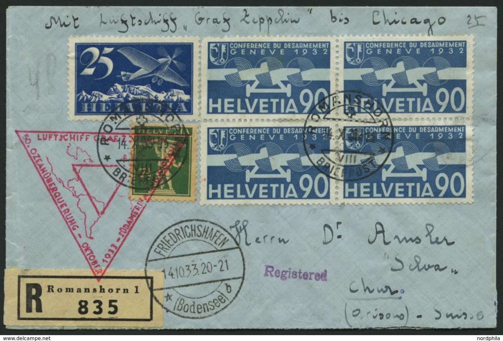 ZULEITUNGSPOST 238Bc BRIEF, Schweiz: 1933, Chicagofahrt, Bis Chicago, Einschreibbrief, Pracht - Luft- Und Zeppelinpost