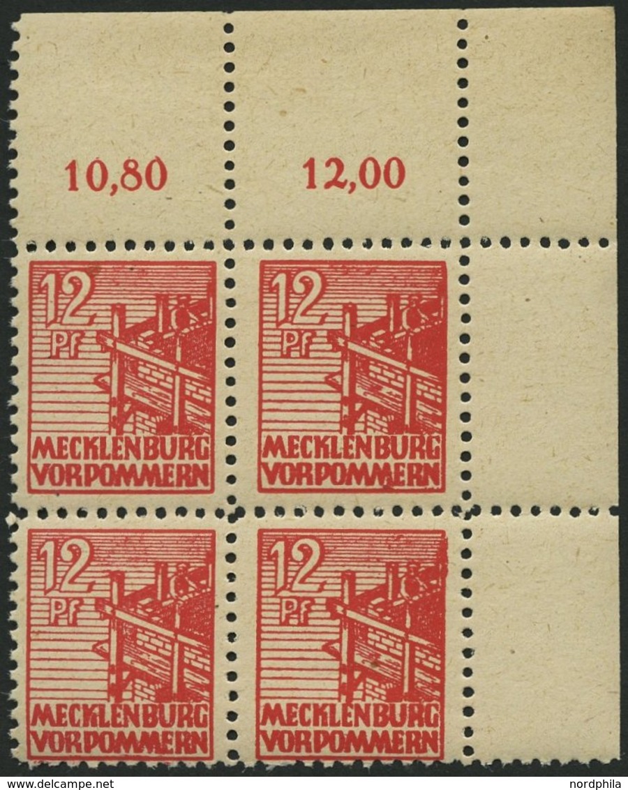 MECKLENBURG-VORPOMMERN 36zb VB **, 1946, 12 Pf. Rot, Dünnes Papier, Im Oberen Rechten Eckrandviererblock, Pracht, Gepr.  - Other & Unclassified