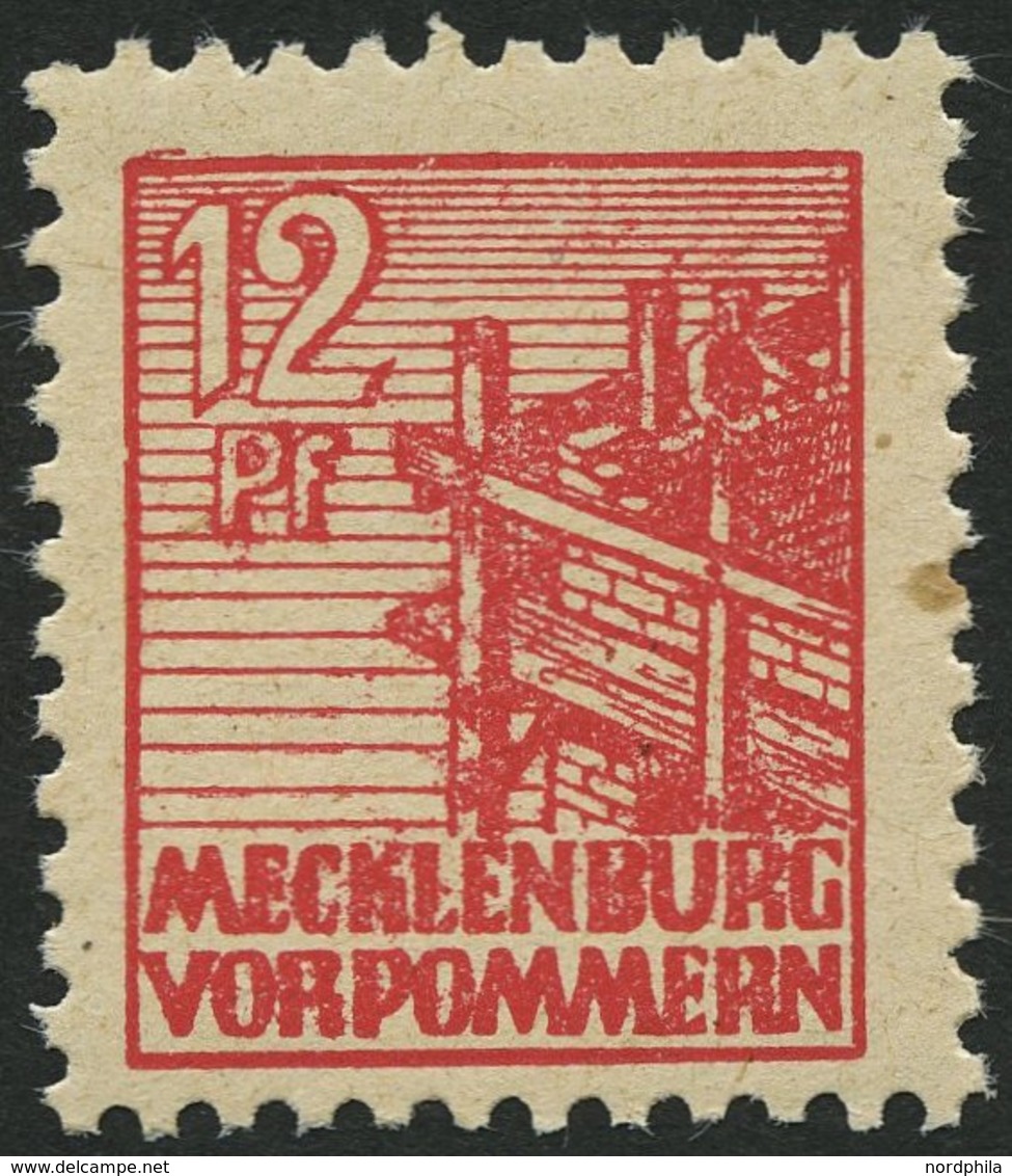 MECKLENBURG-VORPOMMERN 36zb **, 1946, 12 Pf. Rot, Dünnes Papier, Pracht, Gepr. Kramp, Mi. 70.- - Autres & Non Classés