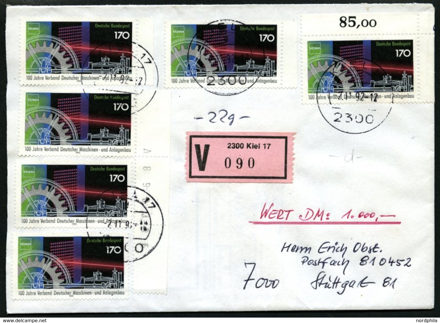 BUNDESREPUBLIK 1636 BRIEF, 1992, 170 Pf. VDMA, 6x Auf Gesiegeltem Wertbrief DM 1000.-, Pracht - Gebraucht