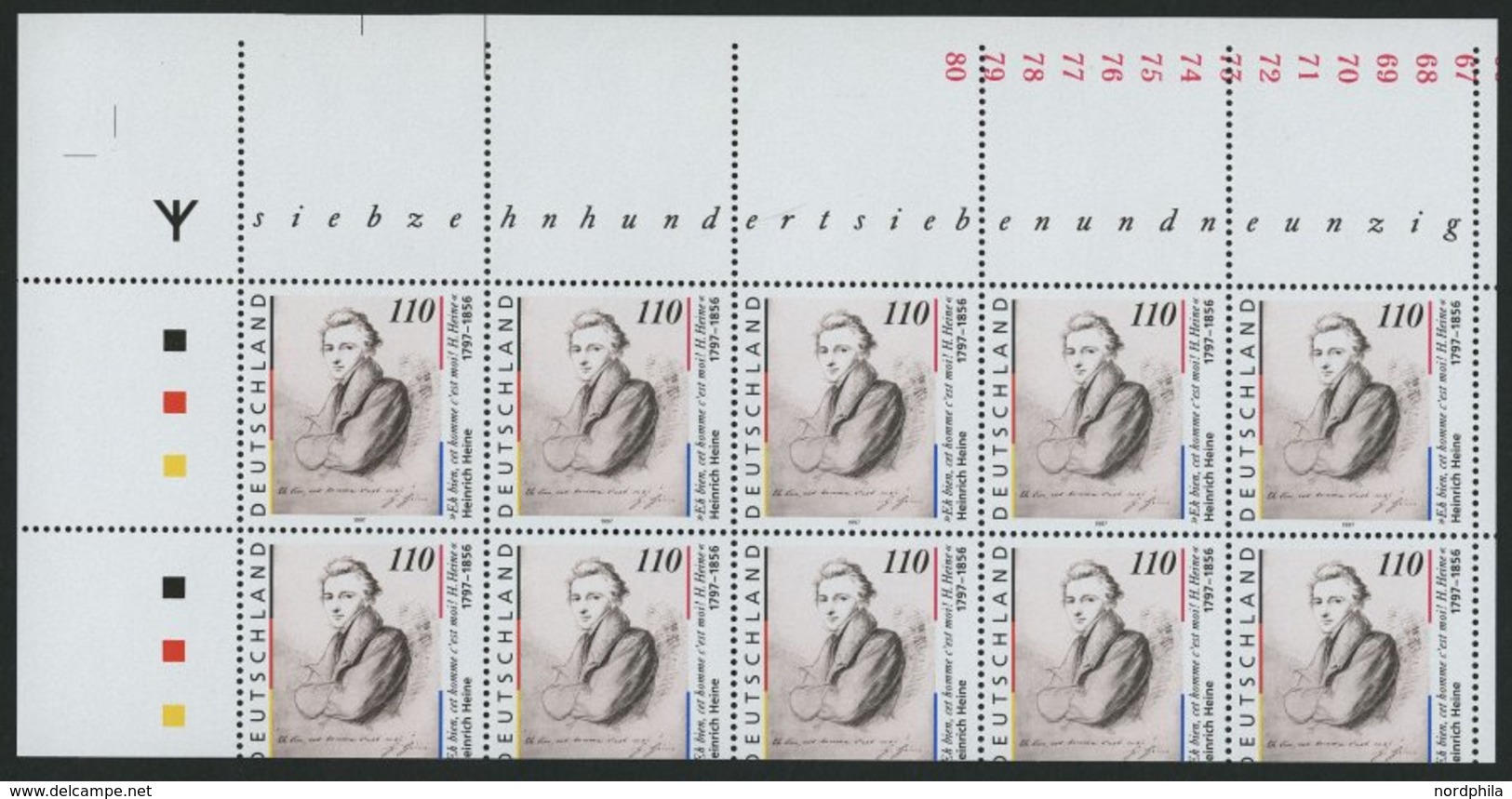 BUNDESREPUBLIK 1962LKB **, 1997, 110 Pf. Heinrich Heine, Stark Verschnitten Im Kleinbogen (10) Mit Bogenrandbedruckung,  - Gebraucht