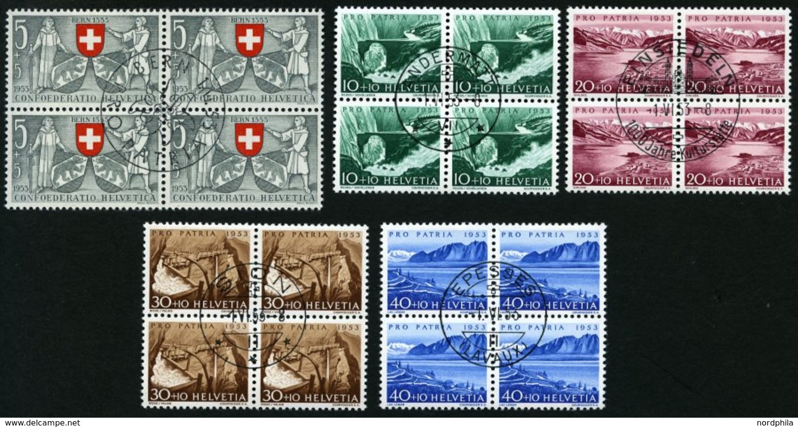 SCHWEIZ BUNDESPOST 580-84 VB O, 1953, Pro Patria In Viererblocks Mit Zentrischen Ersttagsstempeln, Prachtsatz - Other & Unclassified