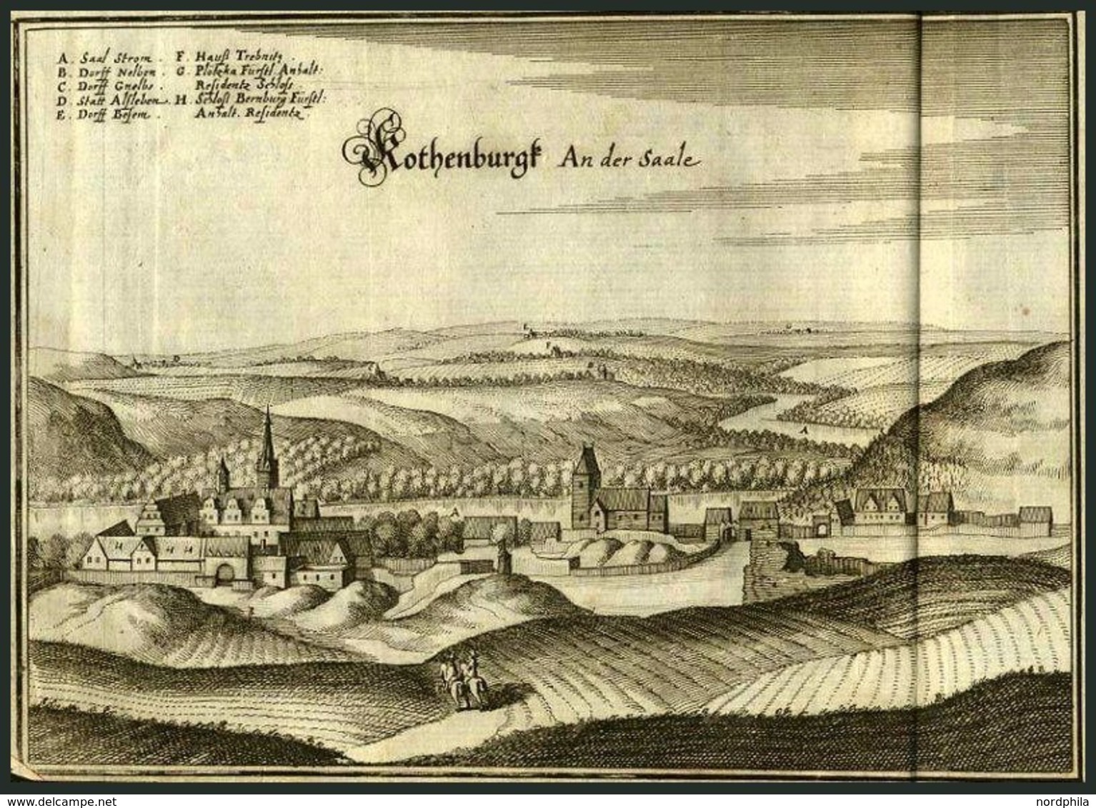 ROTHENBURG Auf D. SAALE, Gesamtansicht, Kupferstich Von Merian Um 1645 - Lithographien