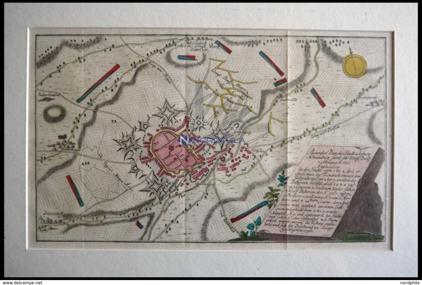 SCHWEIDNITZ, Festungsplan Während Der Belagerung Vom 1.4.1758, Altkolorierter Kupferstich Von Ben Jochai Bei Raspische B - Lithographien