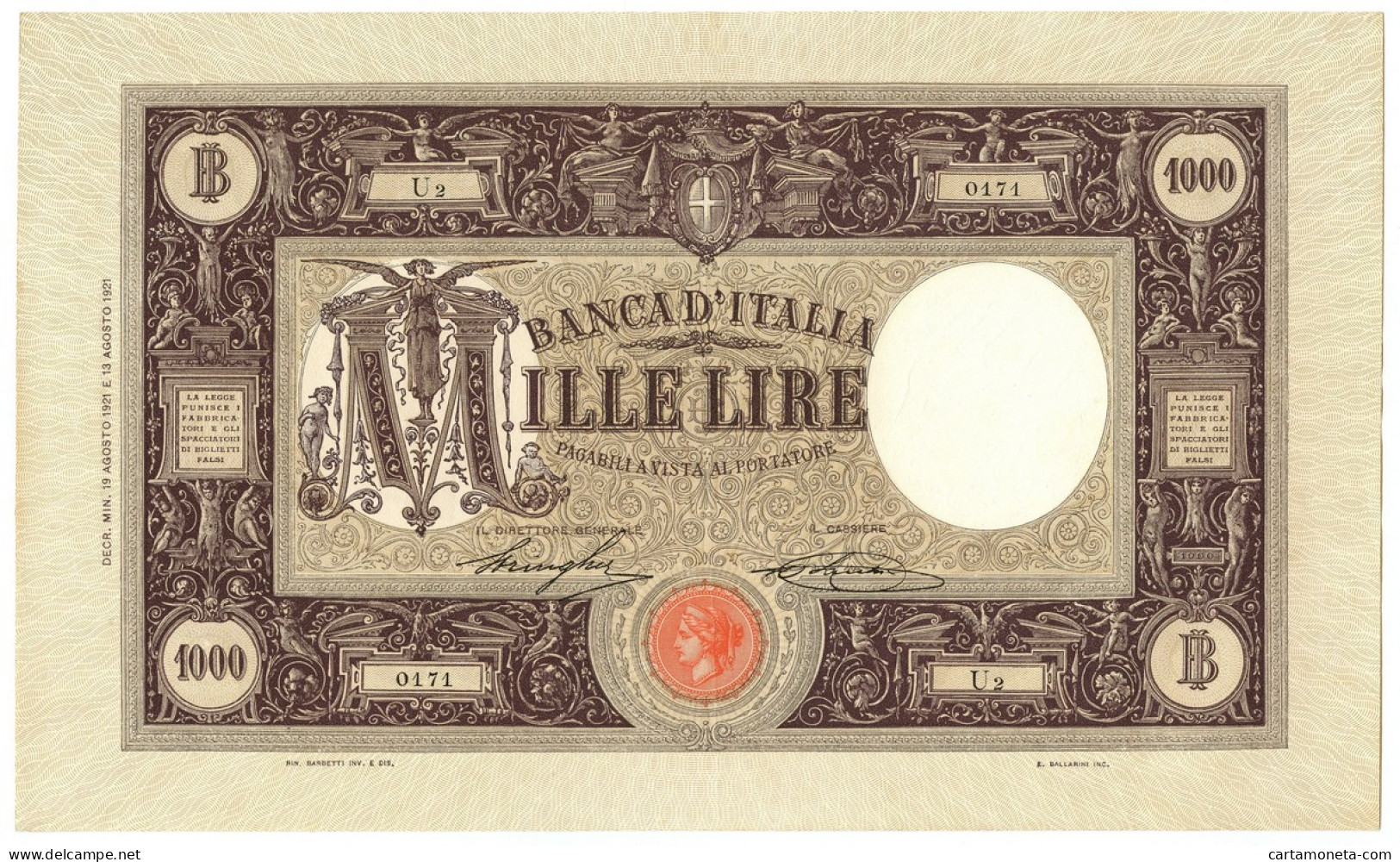 1000 LIRE BARBETTI GRANDE M TESTINA DECRETO 19/08/1921 SPL - Andere