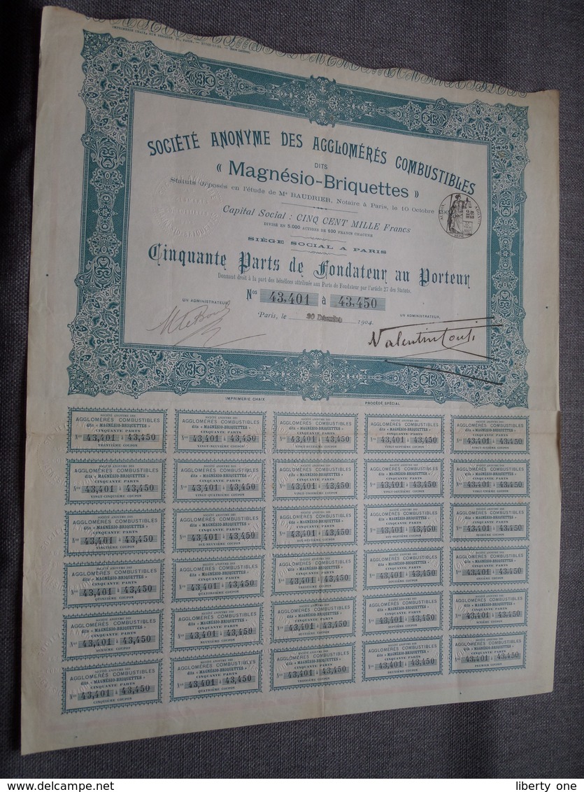 " Magnésio-Briquettes " 50 Parts De Fondateur Au Porteur : N° 43401 à 43450 ( Voir Photo ) - M - O