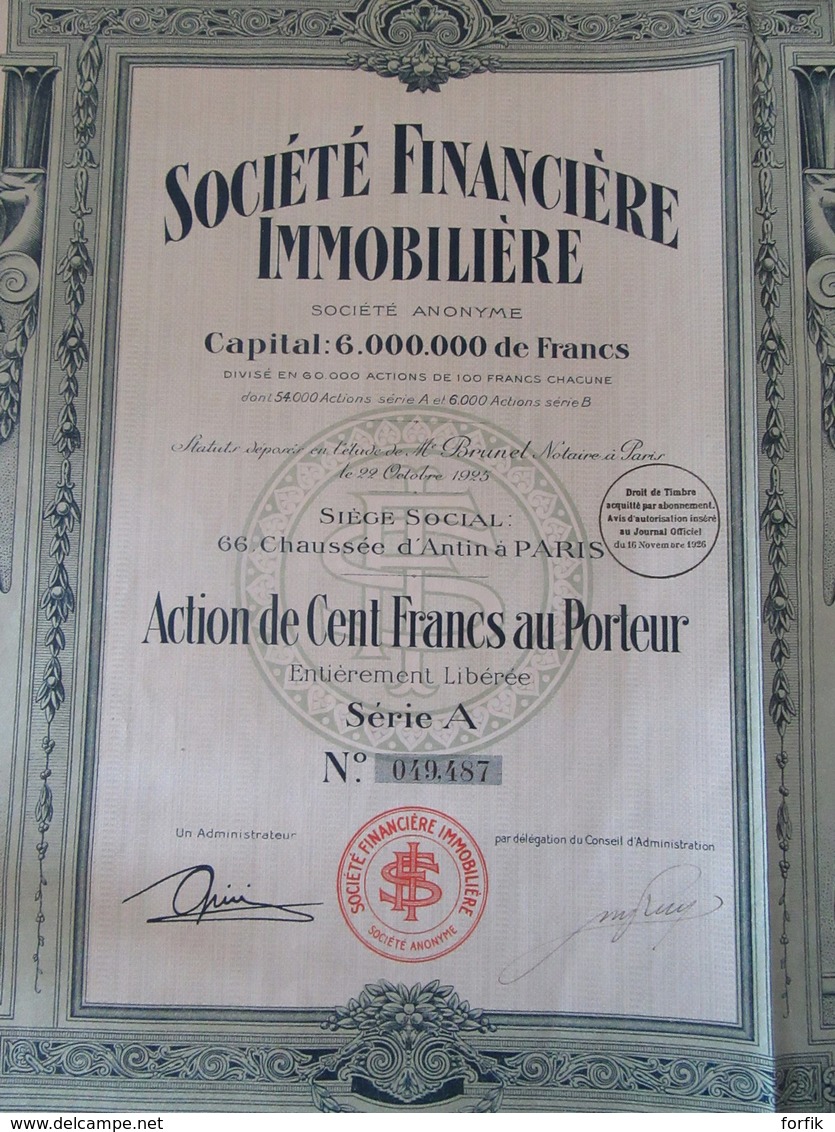 Achat Immédiat - Société Financière Immobilière - Action De 100 Francs  - à Paris, 1925 / 1926 - S - V