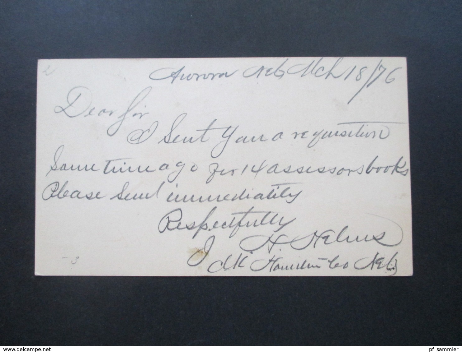 USA 1876 Ganzsache GA Blauer Stempel Auditor's Department State Of Nebraska - Cartas & Documentos