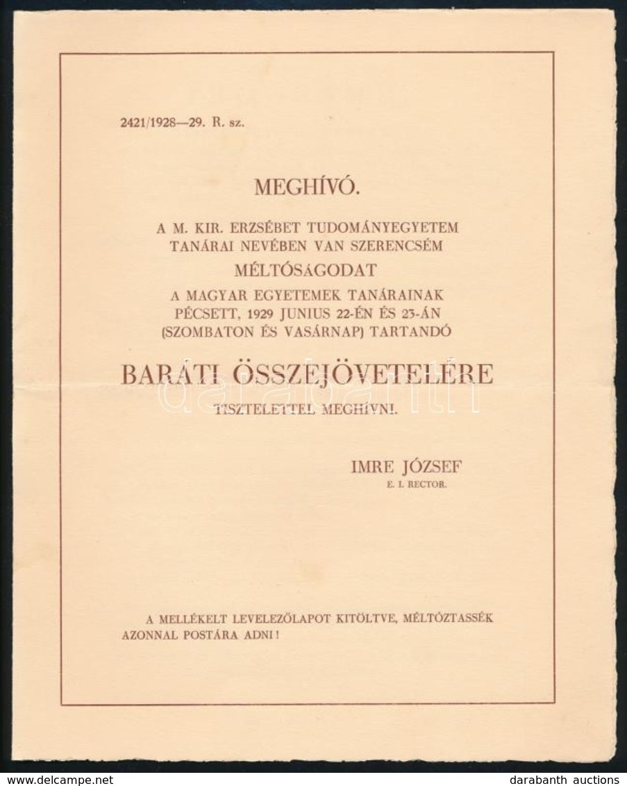 1929 Meghívó A M. Kir. Erzsébet Tudományegyetem Tanárai Számára Tartott Baráti összejövetelre - Non Classés