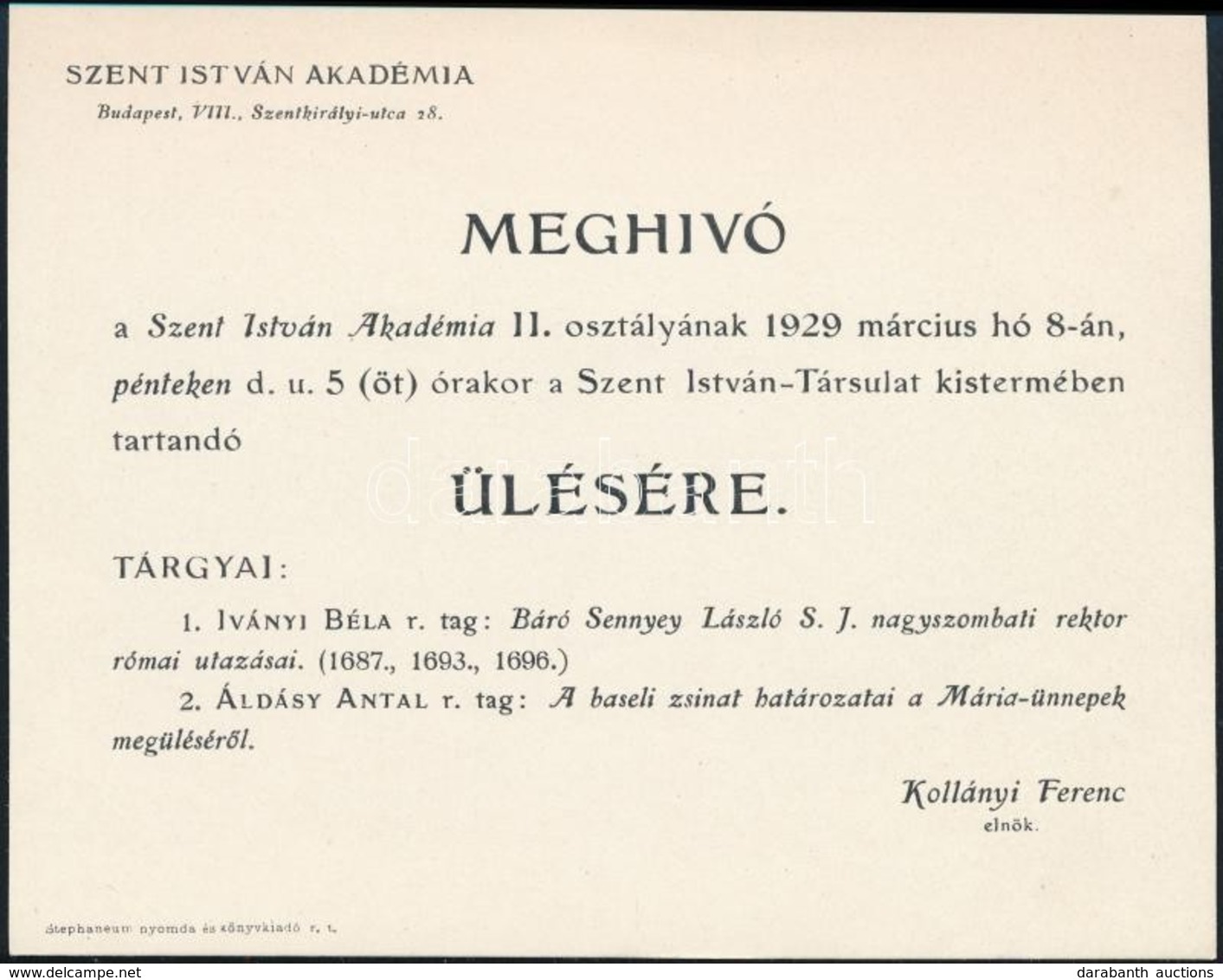 1929 Bp. VIII., Meghívó A Szent István Akadémia ülésére - Non Classés