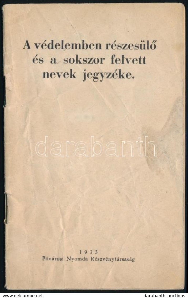 1933 A Védelemben Részesülő és A Sokszor Felvett Nevek Jegyzéke, 39p - Non Classés