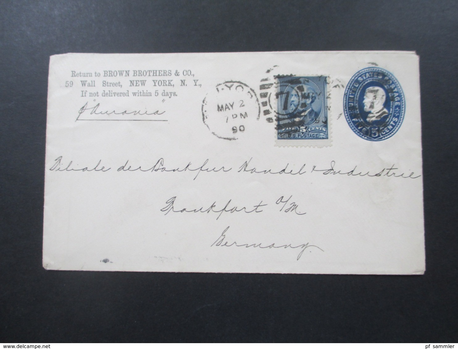 USA 1890 GA Umschlag Mit Zusatzfrankatur Nr. 57 Mit Ausgefallenem Zähnungsloch! Wall Street NY - Frankfurt - Briefe U. Dokumente