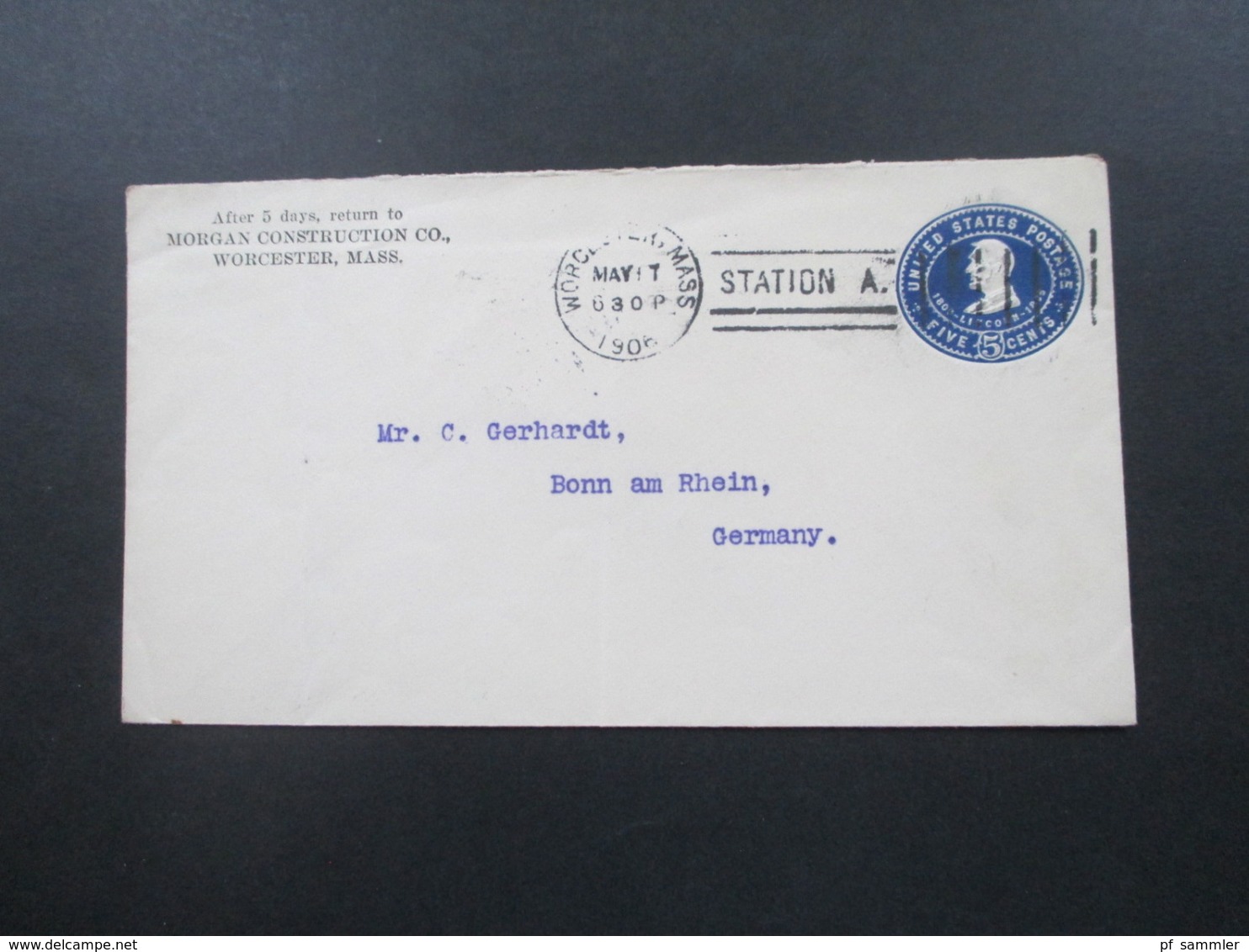 USA 1906 GA Umschlag Stempel Worcester Mass Station A Morgan Construction Co. - Bonn Am Rhein - Lettres & Documents