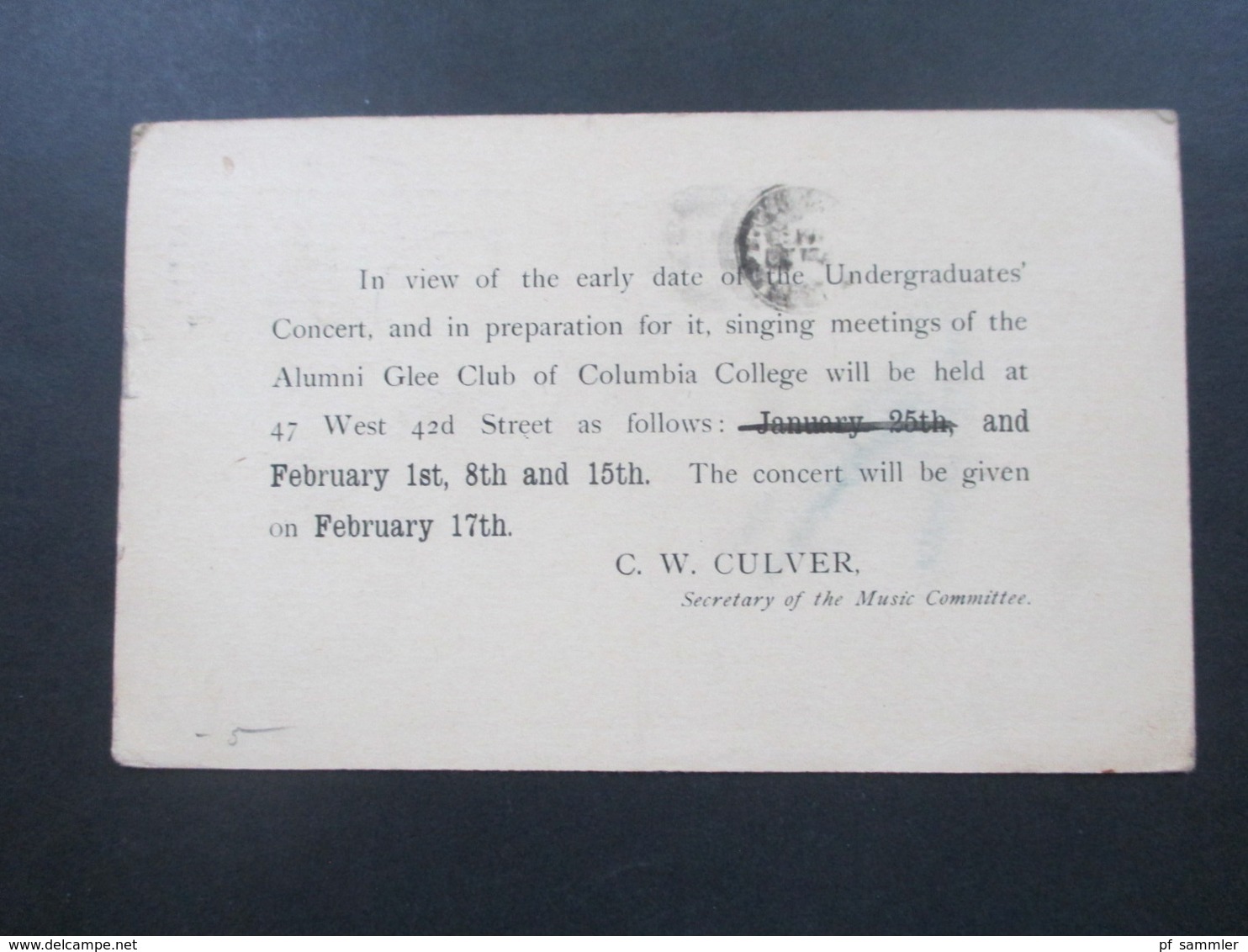 USA 1894 GA / Postkarte New York Und Stempel P NY Paid?? Gedruckte Karte Alumni Glee Club Of Columbia College - Briefe U. Dokumente