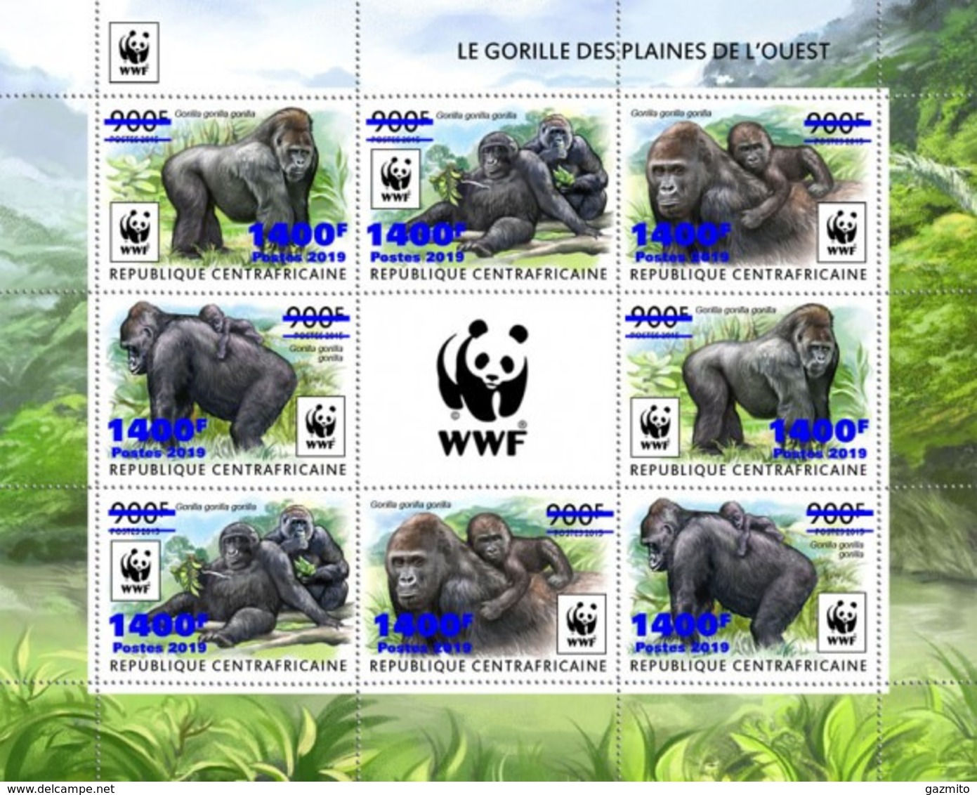 Centrafrica 2019, WWF Gorillas, Overp. Blue, 8val In BF - Gorilas