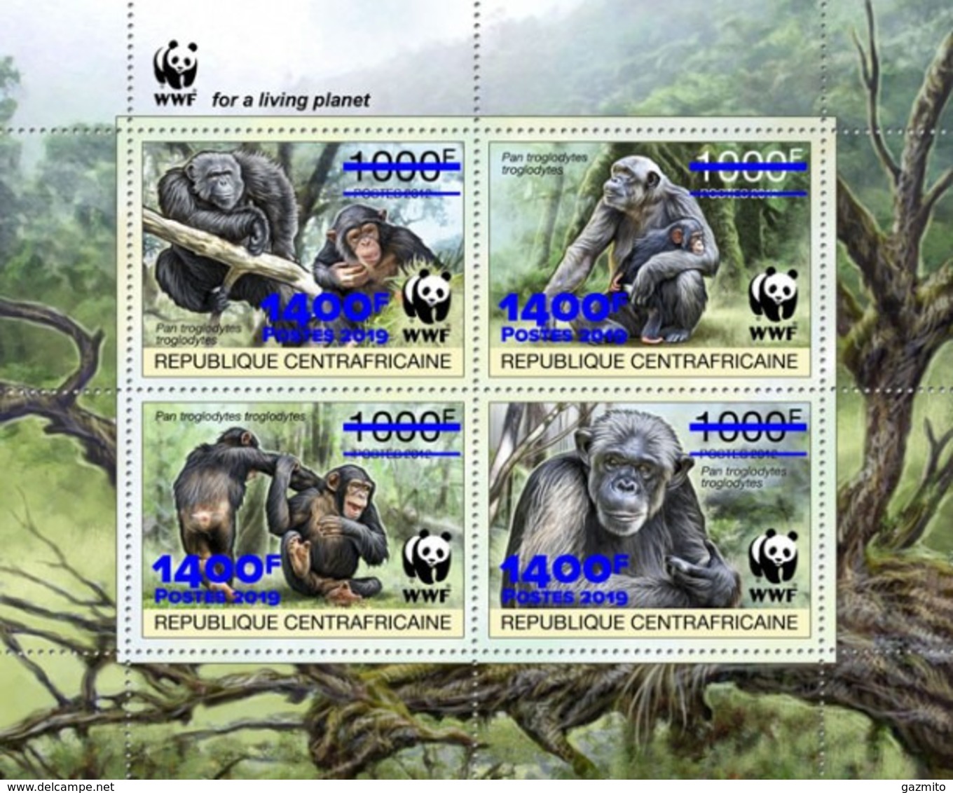 Centrafrica 2019, WWF Monkeys, Overp. Blue, 4val In BF - Gorilas