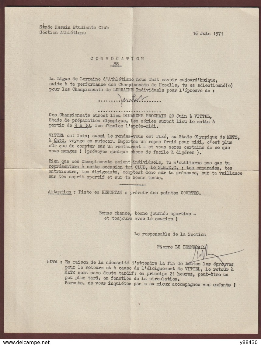 METZ - Stade Messin Etudiants Club - S.M.E.C. Convocation Section ATHLETISME Pour VITTEL Le 20 Juin 1971 - 2 Scannes - Athlétisme