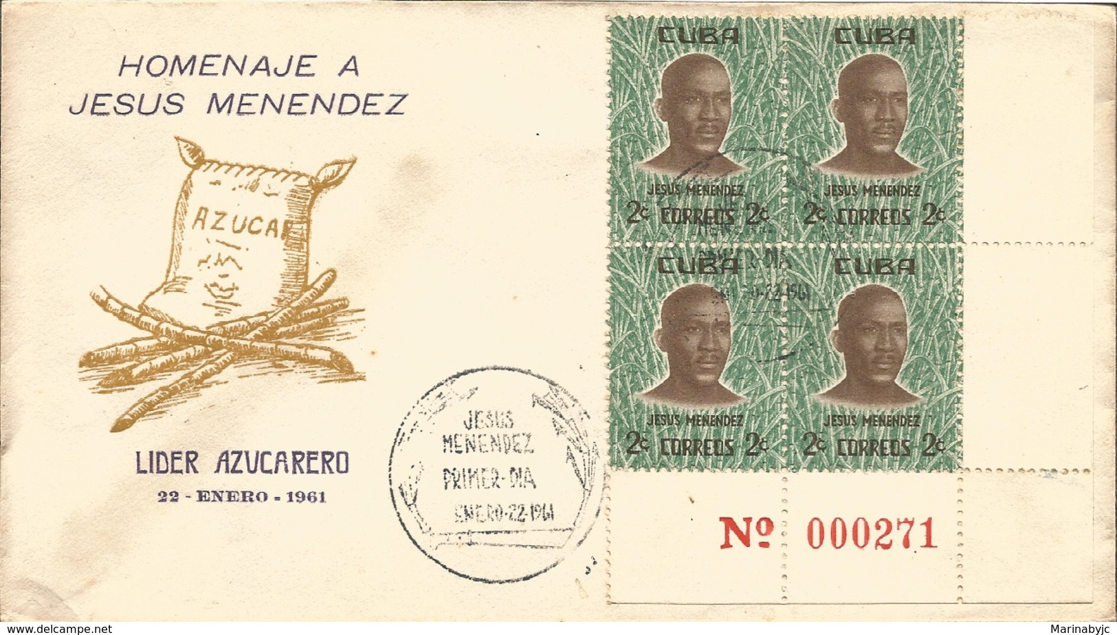 V) 1961 CARIBBEAN, TRIBUTE TO JESUS MENÉNDEZ, LEADER IN SUGAR INDUSTRY, BLACK CANCELLATION, FDC - Brieven En Documenten