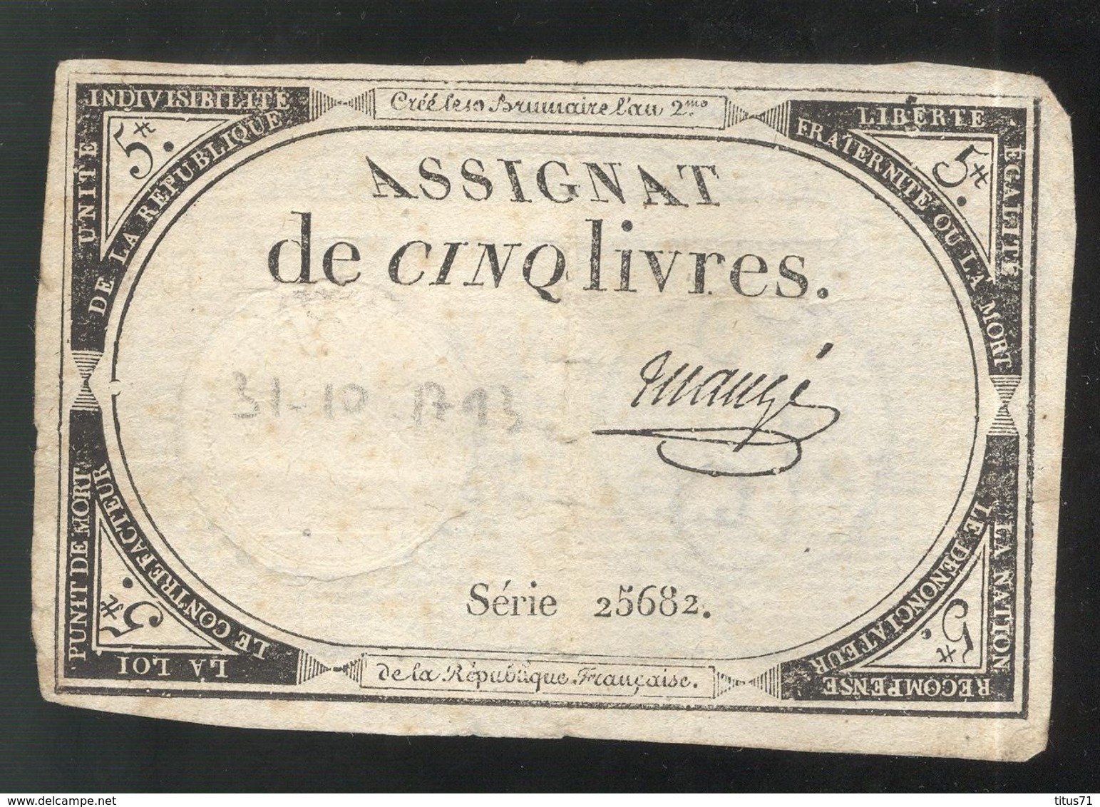 Assignat De Cinq Livres / 5 Livres - Série 25682 - Assignats & Mandats Territoriaux