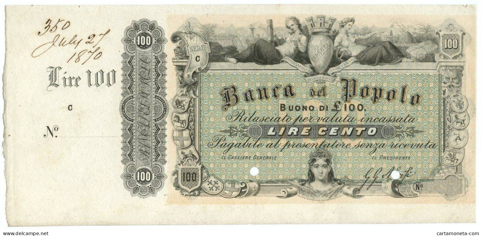 100 LIRE BANCA DEL POPOLO SPECIMEN CON MATRICE NON EMESSO CA 1870 FDS-/FDS - [ 8] Fictifs & Specimens