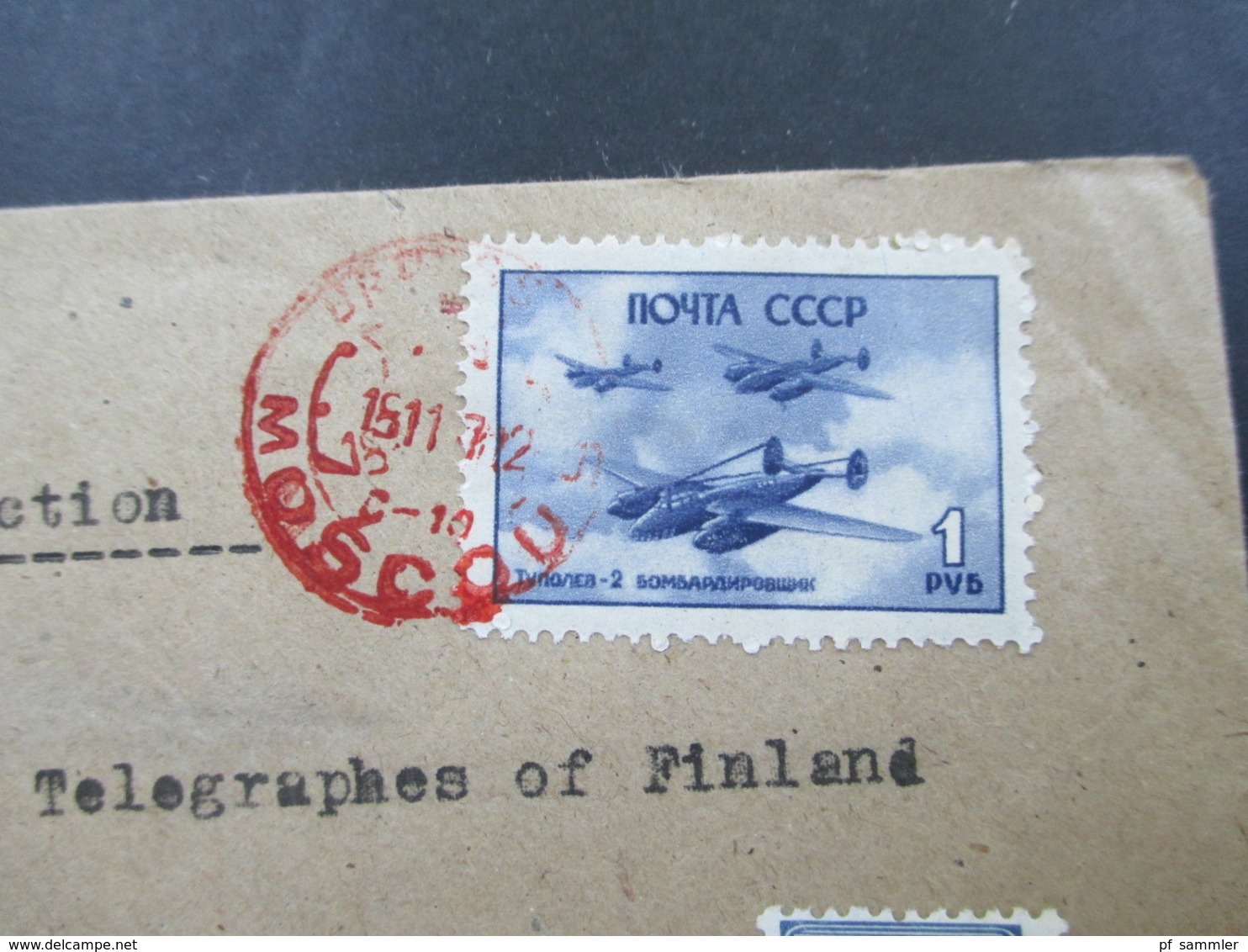 1945 Tag Der Luftwaffe Sowjetische Kampfflugzeuge Einschreiben Rote Stempel Moscow R-Zettel Gestempelt Rot Nach Helsinki - Storia Postale