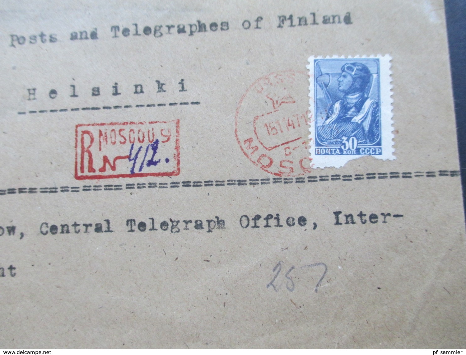 1945 Tag Der Luftwaffe Sowjetische Kampfflugzeuge Einschreiben Rote Stempel Moscow R-Zettel Gestempelt Rot Nach Helsinki - Covers & Documents