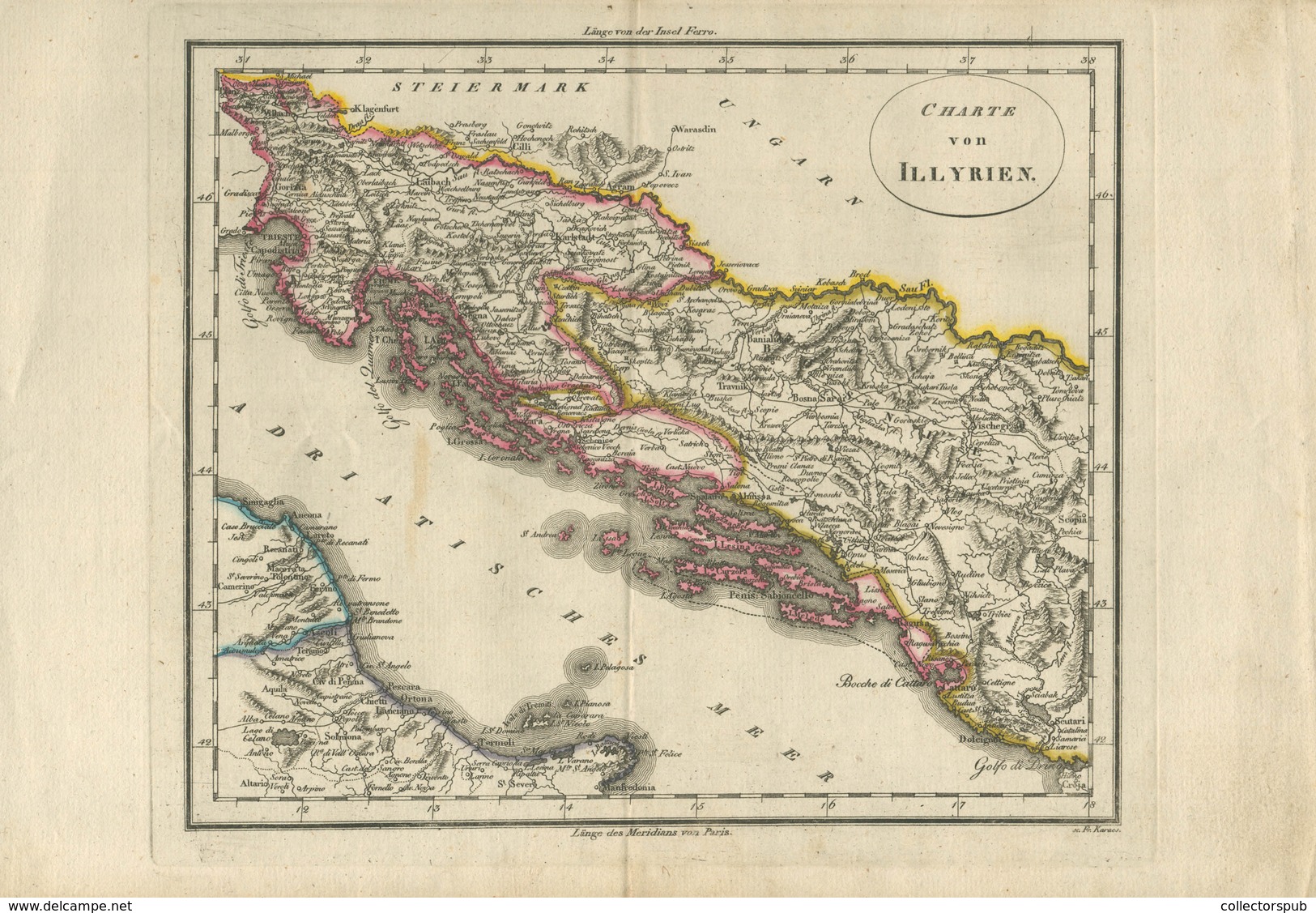 CHARTE  Von Illyrien , Rézmetszet, Színezett Térkép  Képméret : 24*20 Cm Meridians Von Paris - Prenten & Gravure