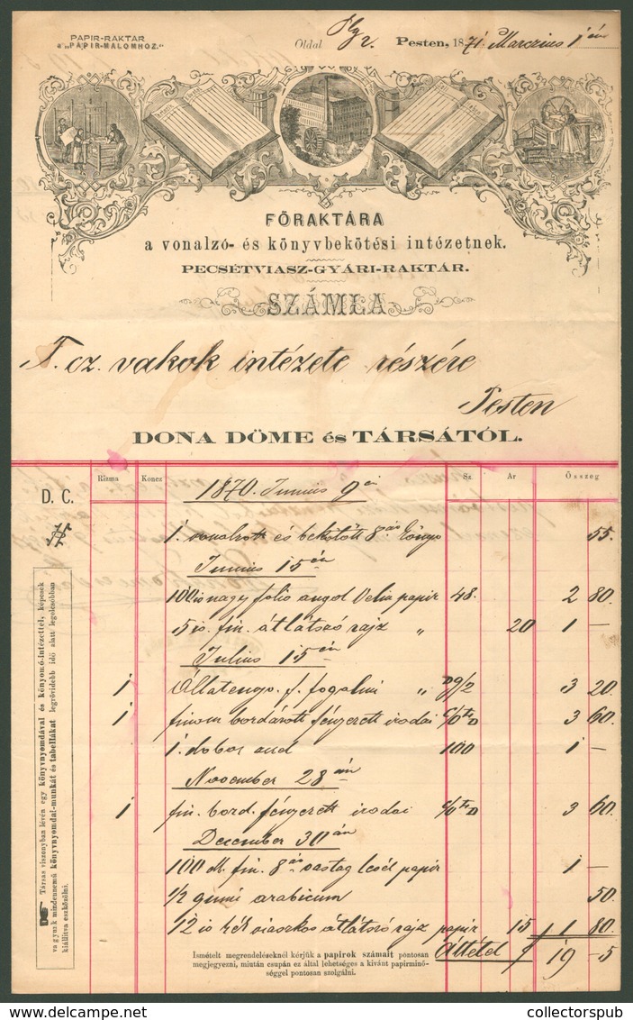 PEST 1871. Dona Döme Főraktára Fejléces, Céges Számla Okmánybélyegekkel  /  Döme Dona Central Warehouse Corp. Bill Stamp - Brieven En Documenten