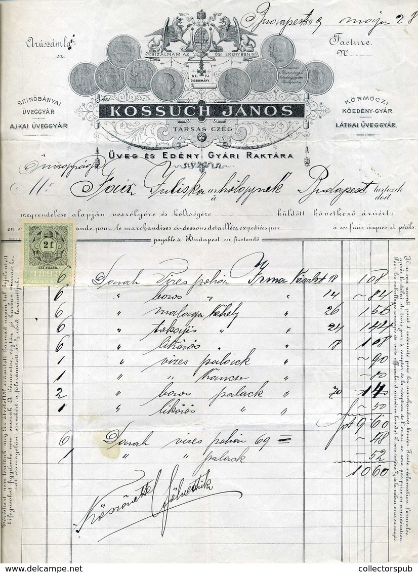 KOSSUCH János, Üveg és Edény Raktár , Céges, Fejléces Számla 1899.  /  Glass And Pottery Warehouse Corp. Letterhead Bill - Zonder Classificatie