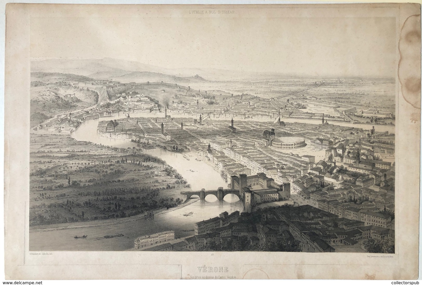 VERONA  Vue Prise Au Dessus Du Castel Vecchio , Szép Metszet Paszpartuban, Guedson, Képméret : 42*28 Cm  /  Nice Ethcing - Prenten & Gravure