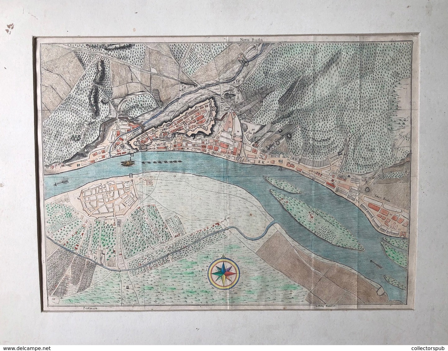 Nova Buda Et Pestinum , Pest-Buda Várostérképe A Városfalak Feltüntetésével , Színezett Térkép 1760. 43*34 Cm  /  Colore - Prenten & Gravure