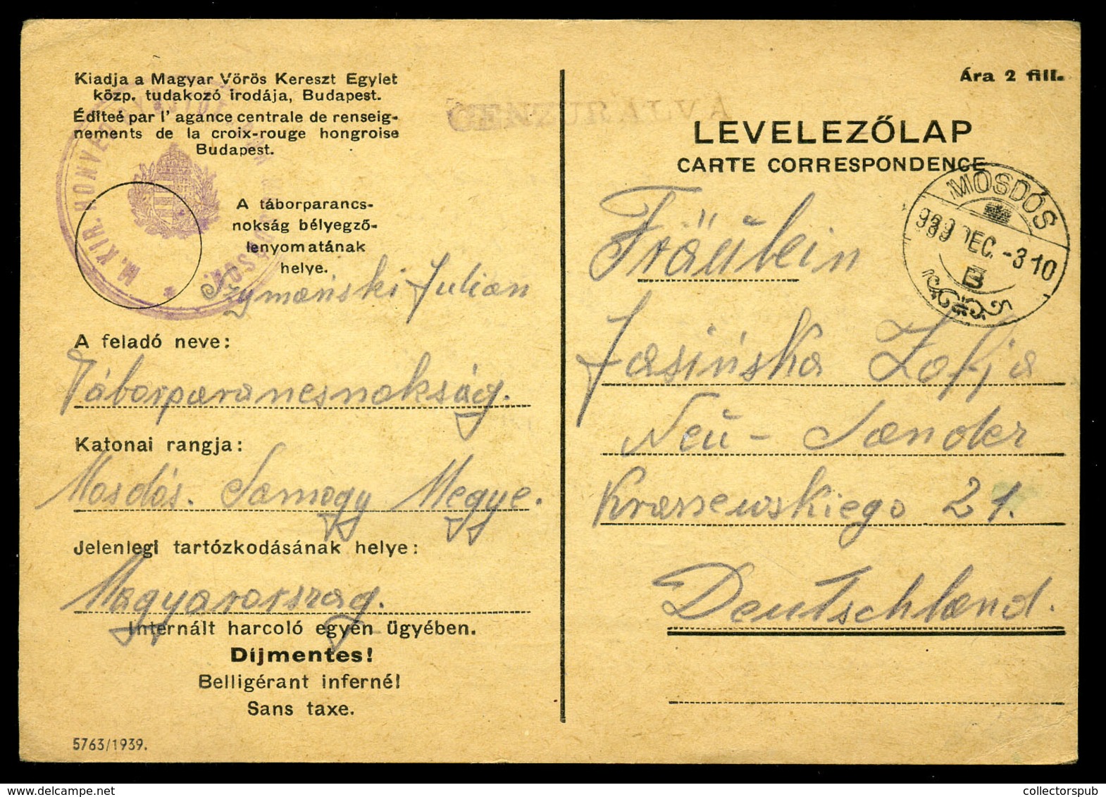 MOSDÓS 1939. Cenzúrázott Levlap Lengyel Internáló Táborból Neu-Sandec-re Küldve  /  Cens. P.card From Polish  Internment - Brieven En Documenten
