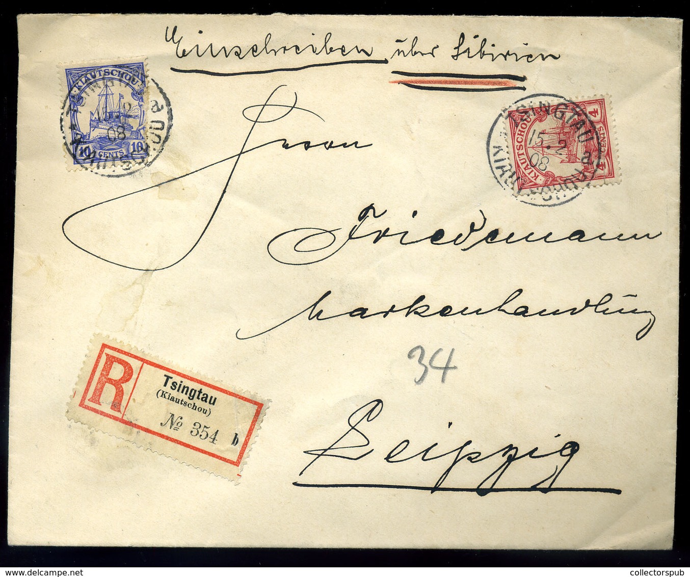 KÍNA Tsingtau 1908. Ajánlott Levél Lipcsébe Küldve  /  CHINA Reg. Letter To Leipzig - Brieven En Documenten