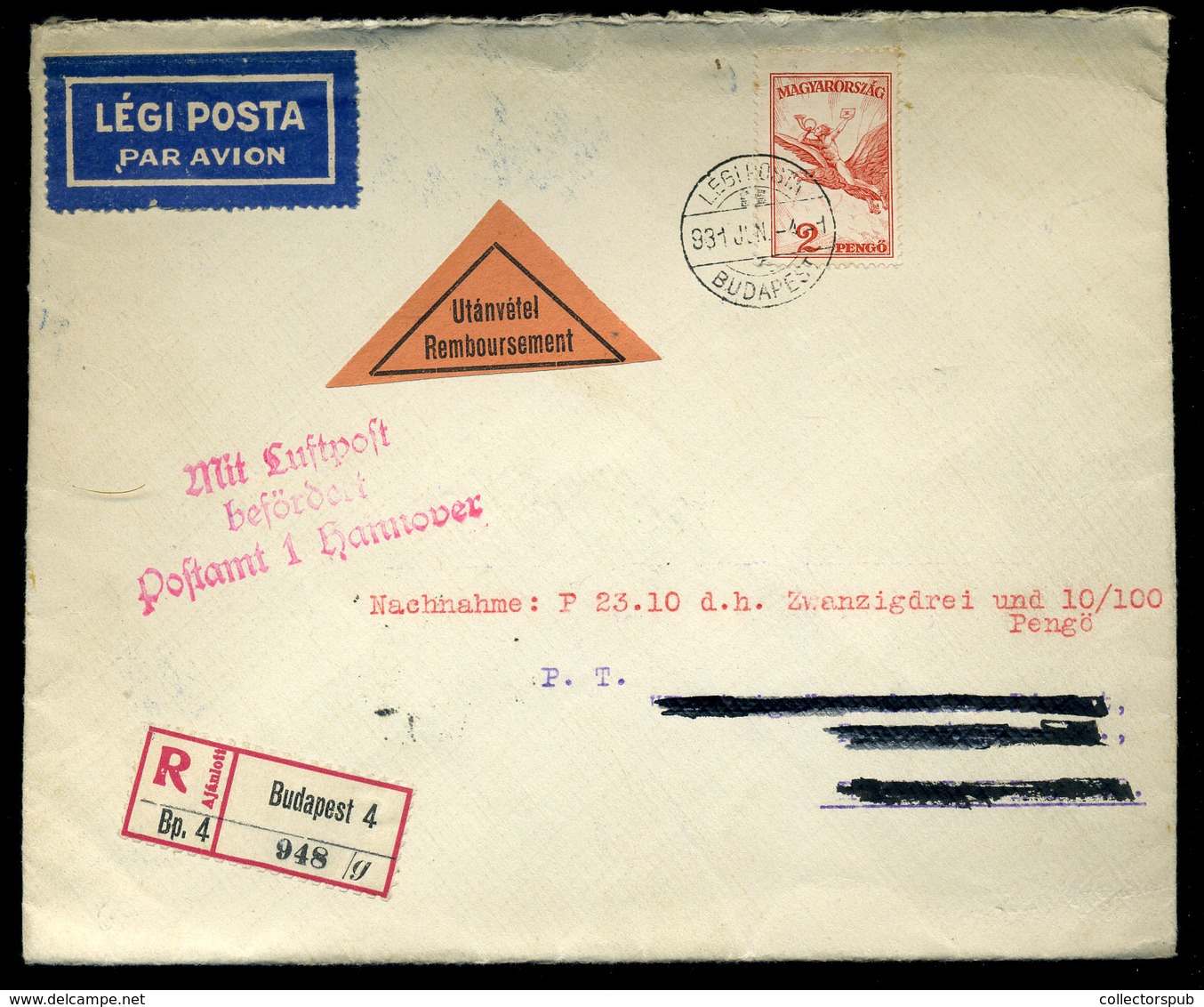 BUDAPEST 1931. Utánvételes , Ajánlott Légi Levél Repülő 2P  Hamburgba Küldve  /  COD Reg. Airmail Letter Airplane 2P To  - Brieven En Documenten