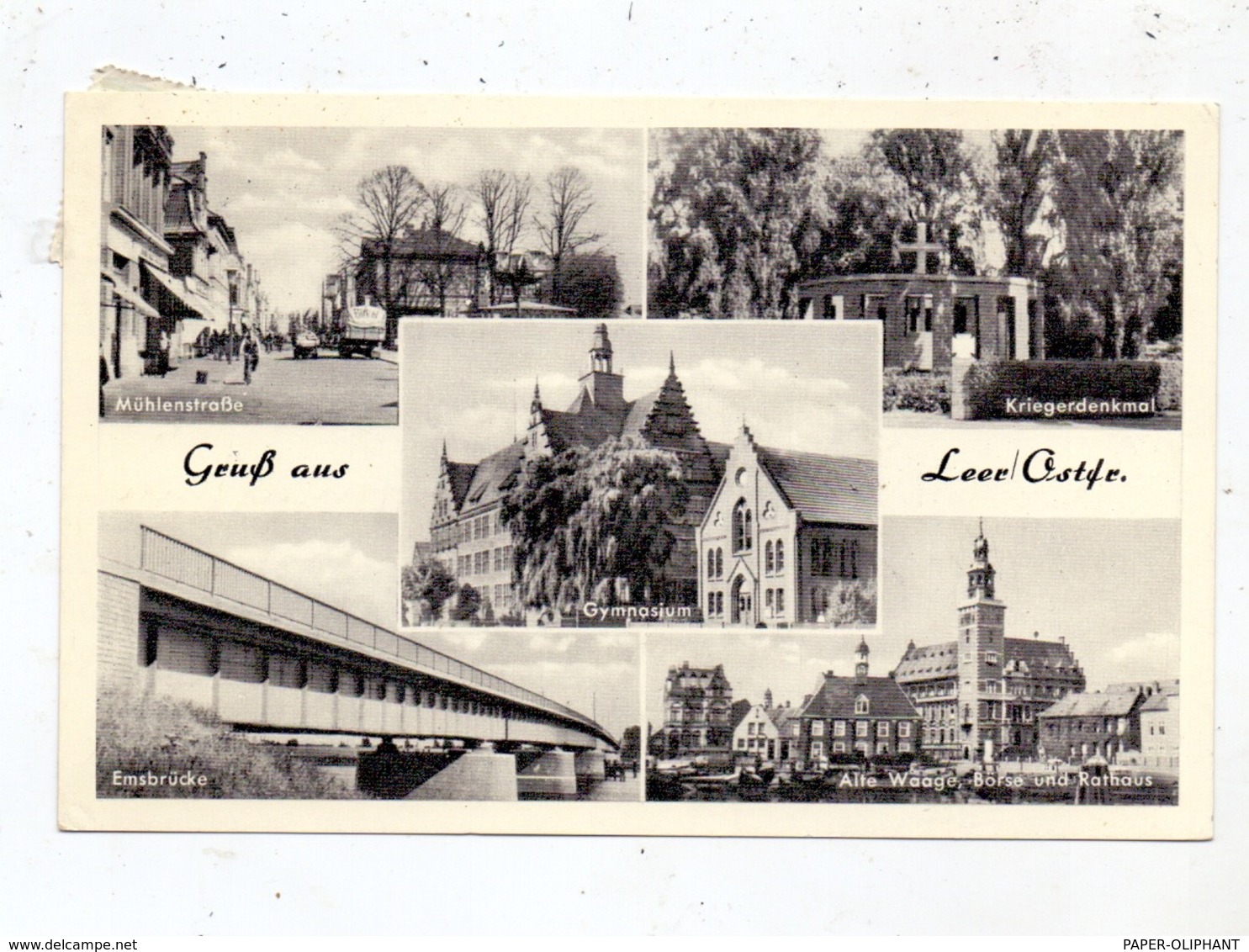 2950 LEER, Gruss Aus.., Mühlenstrasse, Gymnasium, Emsbrücke, Kriegerdenkmal..1957 - Leer